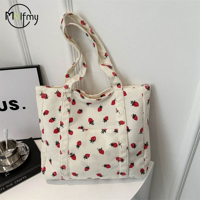 Women Bags Low Price - Sztruksowa torebka Torba plażowa z truskawkami